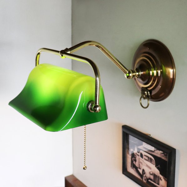 バンカーズランプ壁掛照明グリーンシェードブラケットライト・ライオン｜アンティーク照明バンカーズライト