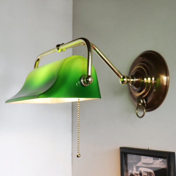 バンカーズランプ壁掛照明グリーンシェードブラケットライト・ライオン｜アンティーク照明バンカーズライト