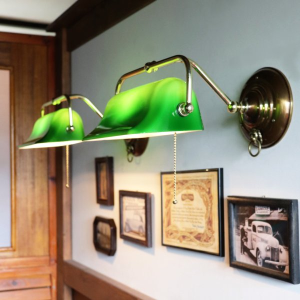 バンカーズランプ壁掛照明グリーンシェードブラケットライト・ライオン｜アンティーク照明バンカーズライト