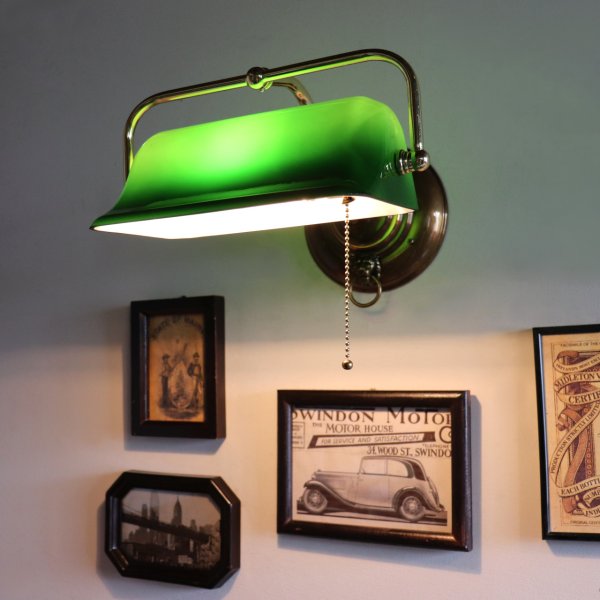 バンカーズランプ壁掛照明グリーンシェードブラケットライト・ライオン｜アンティーク照明バンカーズライト