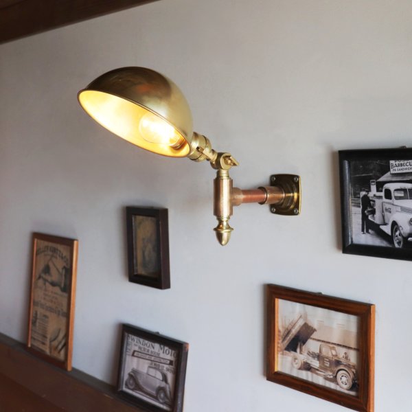 USAヴィンテージインダストリアルラウンドシェードブラスブラケットライト|工業系グースネックシェード真鍮製壁掛照明