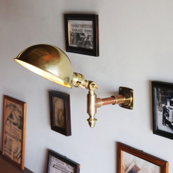 USAヴィンテージインダストリアルラウンドシェードブラスブラケットライト|工業系グースネックシェード真鍮製壁掛照明
