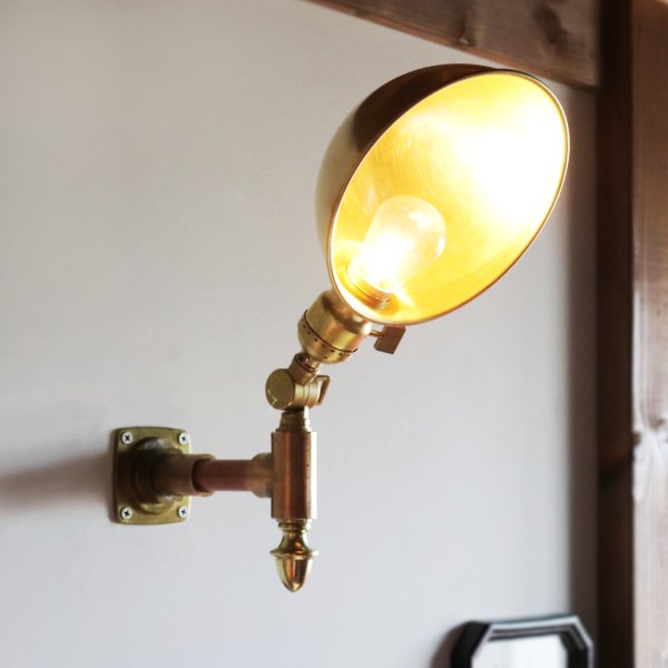 USAヴィンテージインダストリアルラウンドシェードブラスブラケットライト|工業系グースネックシェード真鍮製壁掛照明