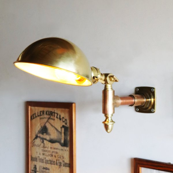 USAヴィンテージインダストリアルラウンドシェードブラスブラケットライト|工業系グースネックシェード真鍮製壁掛照明