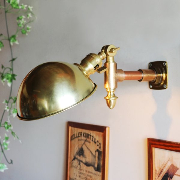 USAヴィンテージインダストリアルラウンドシェードブラスブラケットライト|工業系グースネックシェード真鍮製壁掛照明