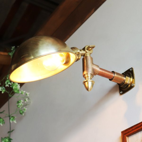 USAヴィンテージインダストリアルラウンドシェードブラスブラケットライト|工業系グースネックシェード真鍮製壁掛照明