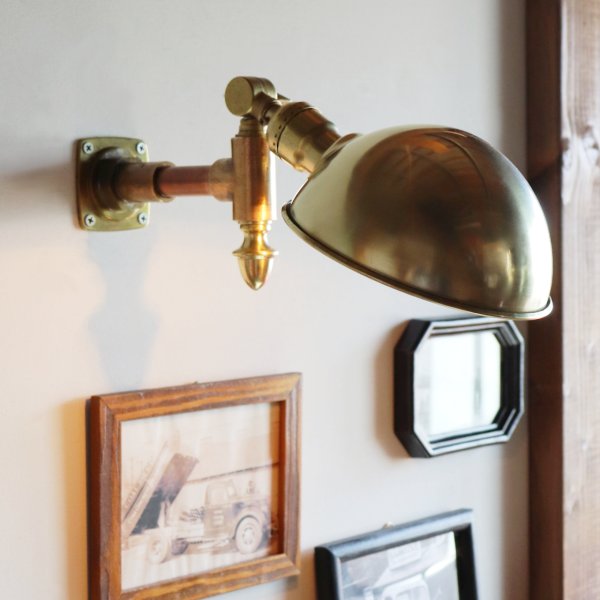 USAヴィンテージインダストリアルラウンドシェードブラスブラケットライト|工業系グースネックシェード真鍮製壁掛照明