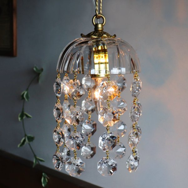 画像7: ヴィンテージミニシャンデリアペンダントライトガラス製大粒オクタゴンプリズム｜天井照明・吊下げ照明 (7)