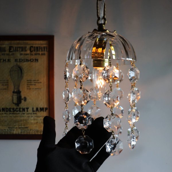 画像13: ヴィンテージミニシャンデリアペンダントライトガラス製大粒オクタゴンプリズム｜天井照明・吊下げ照明 (13)