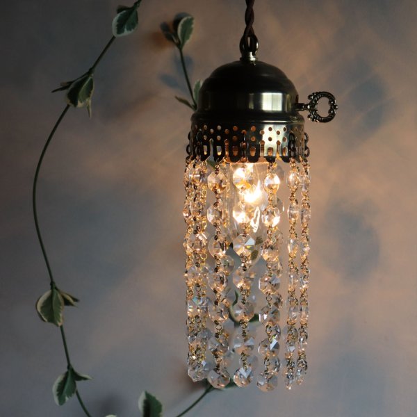 ヴィンテージミニシャンデリアオクタゴンプリズムペンダントライト｜アンティーク・鍵スイッチ吊下げ照明ランプ