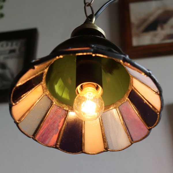 【グリーン×ピンク系】ステンドグラスミニペンダントライト花型｜吊下げ照明・天井照明