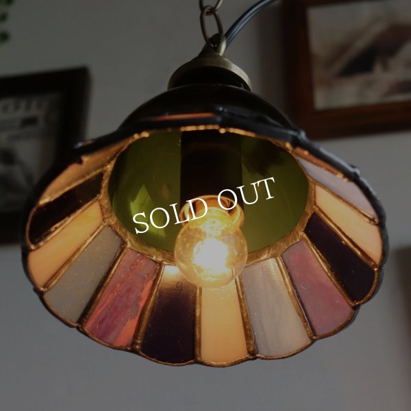【グリーン×ピンク系】ステンドグラスミニペンダントライト花型｜吊下げ照明・天井照明