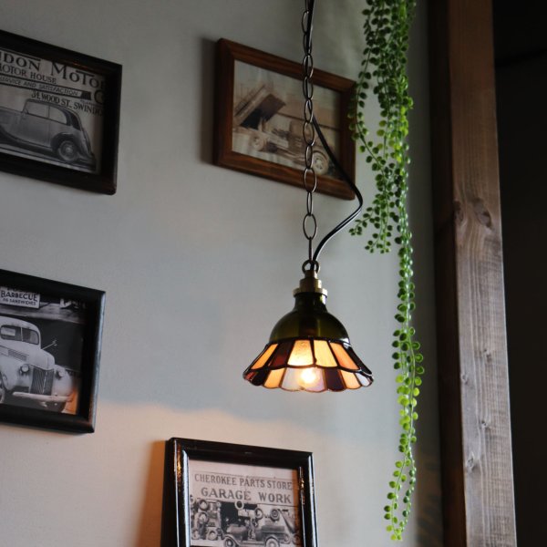 【グリーン×ピンク系】ステンドグラスミニペンダントライト花型｜吊下げ照明・天井照明