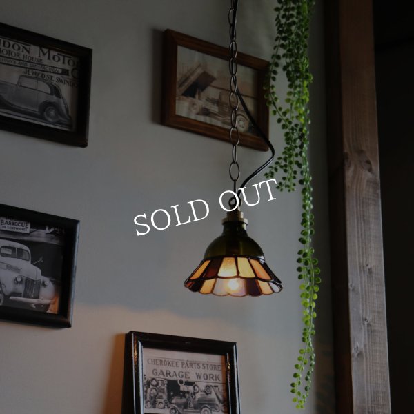 【グリーン×ピンク系】ステンドグラスミニペンダントライト花型｜吊下げ照明・天井照明