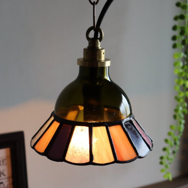 【グリーン×ピンク系】ステンドグラスミニペンダントライト花型｜吊下げ照明・天井照明