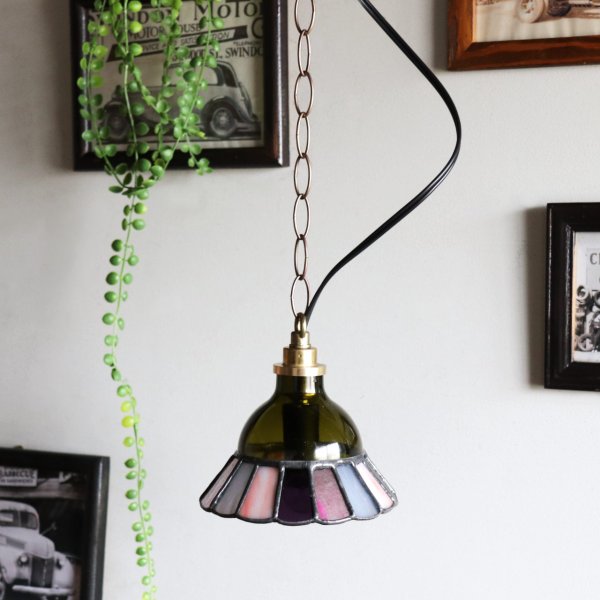 【グリーン×ピンク系】ステンドグラスミニペンダントライト花型｜吊下げ照明・天井照明