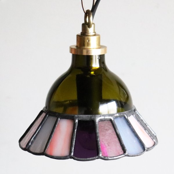 【グリーン×ピンク系】ステンドグラスミニペンダントライト花型｜吊下げ照明・天井照明