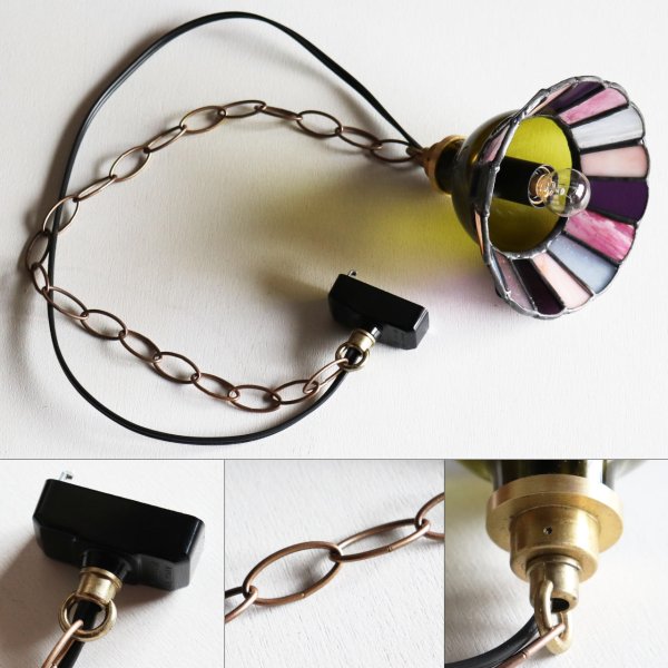 【グリーン×ピンク系】ステンドグラスミニペンダントライト花型｜吊下げ照明・天井照明