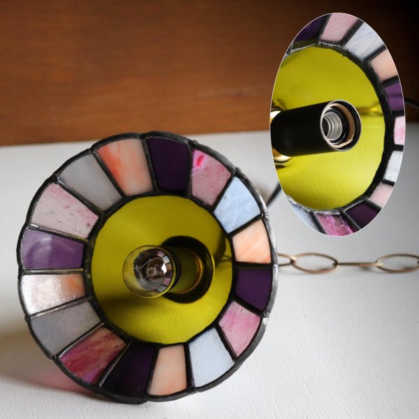 【グリーン×ピンク系】ステンドグラスミニペンダントライト花型｜吊下げ照明・天井照明