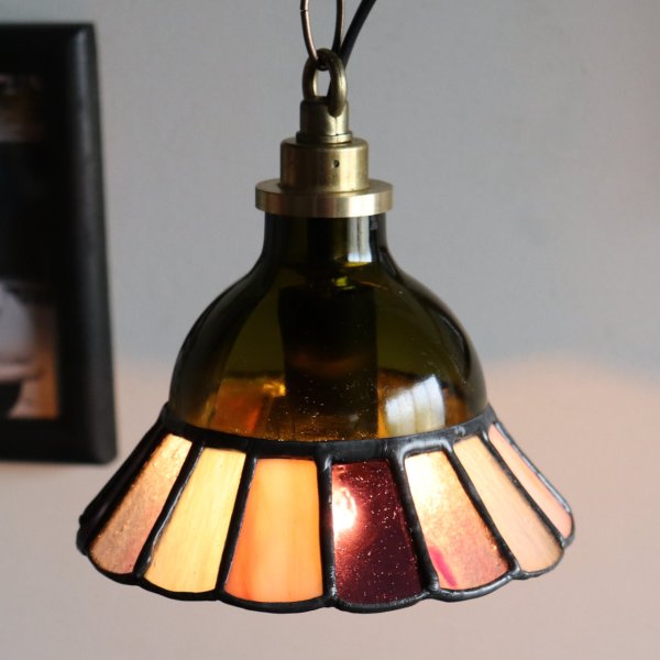 【グリーン×ピンク系】ステンドグラスミニペンダントライト花型｜吊下げ照明・天井照明