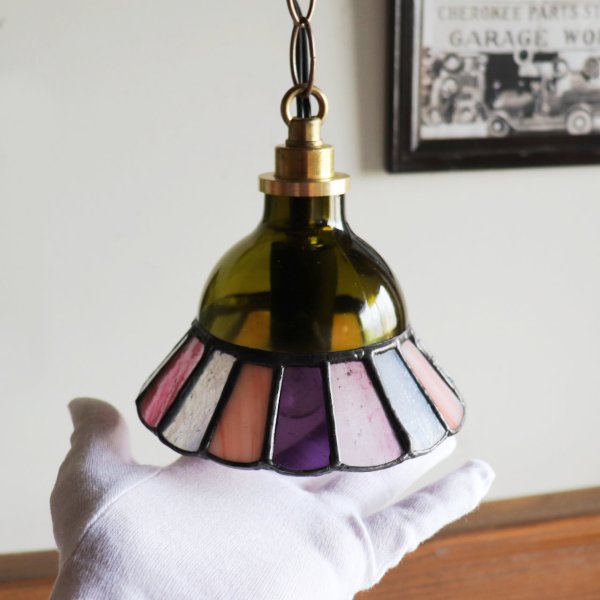 【グリーン×ピンク系】ステンドグラスミニペンダントライト花型｜吊下げ照明・天井照明