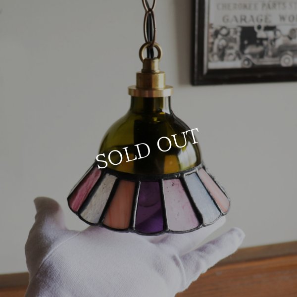 【グリーン×ピンク系】ステンドグラスミニペンダントライト花型｜吊下げ照明・天井照明