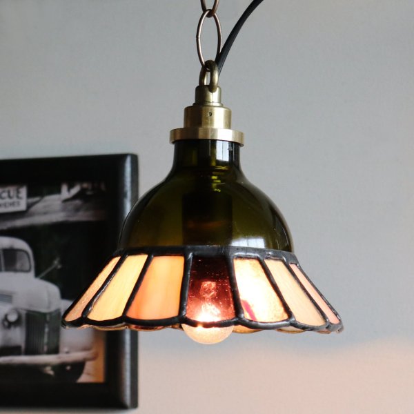 【グリーン×ピンク系】ステンドグラスミニペンダントライト花型｜吊下げ照明・天井照明