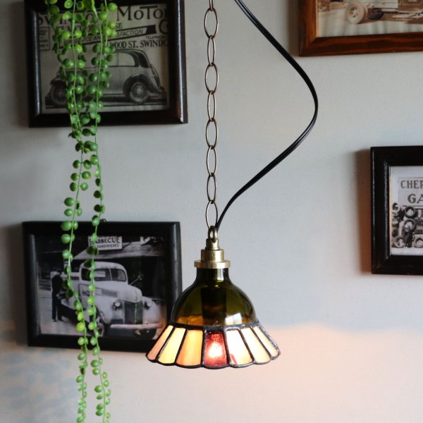 【グリーン×ピンク系】ステンドグラスミニペンダントライト花型｜吊下げ照明・天井照明