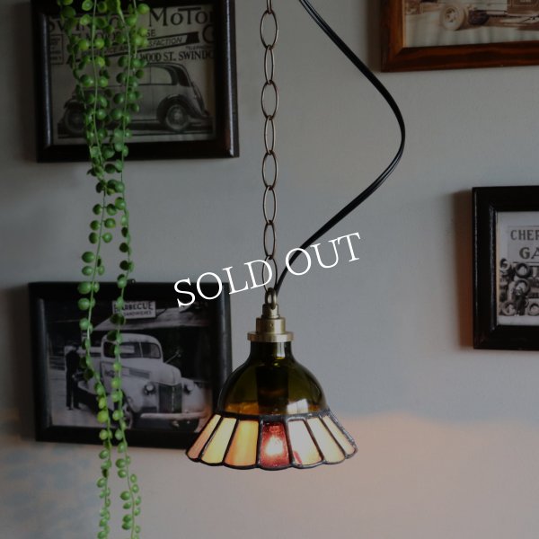 【グリーン×ピンク系】ステンドグラスミニペンダントライト花型｜吊下げ照明・天井照明