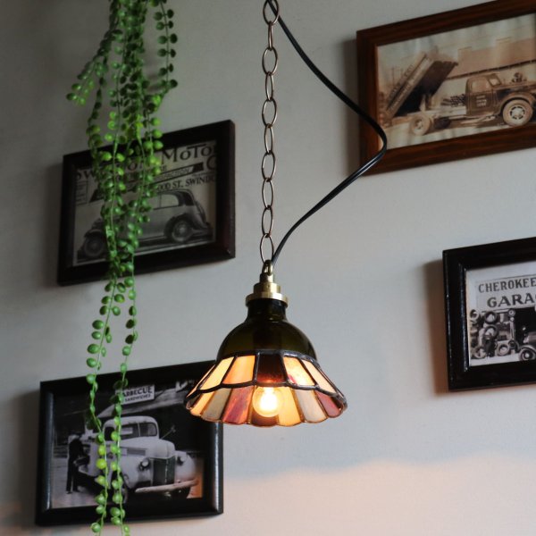 【グリーン×ピンク系】ステンドグラスミニペンダントライト花型｜吊下げ照明・天井照明