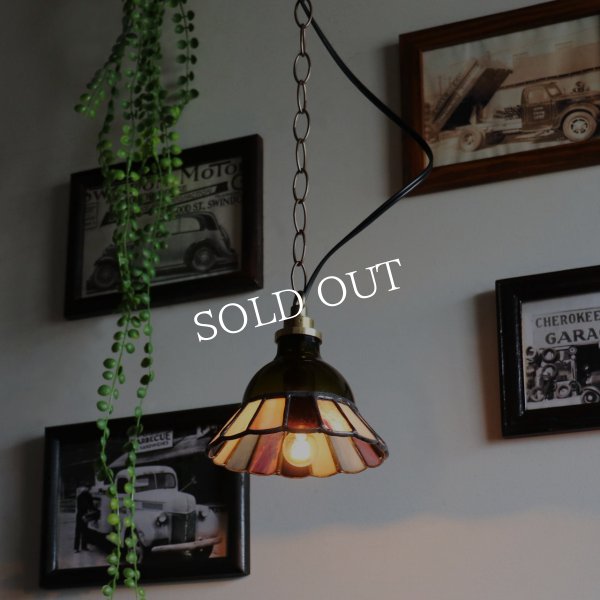 【グリーン×ピンク系】ステンドグラスミニペンダントライト花型｜吊下げ照明・天井照明