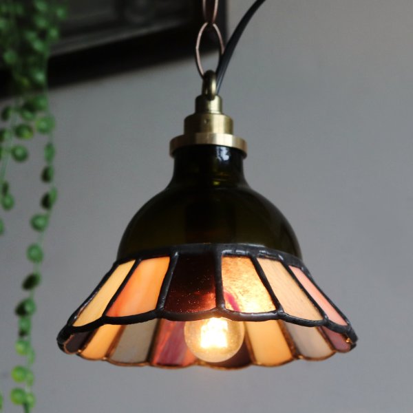 【グリーン×ピンク系】ステンドグラスミニペンダントライト花型｜吊下げ照明・天井照明