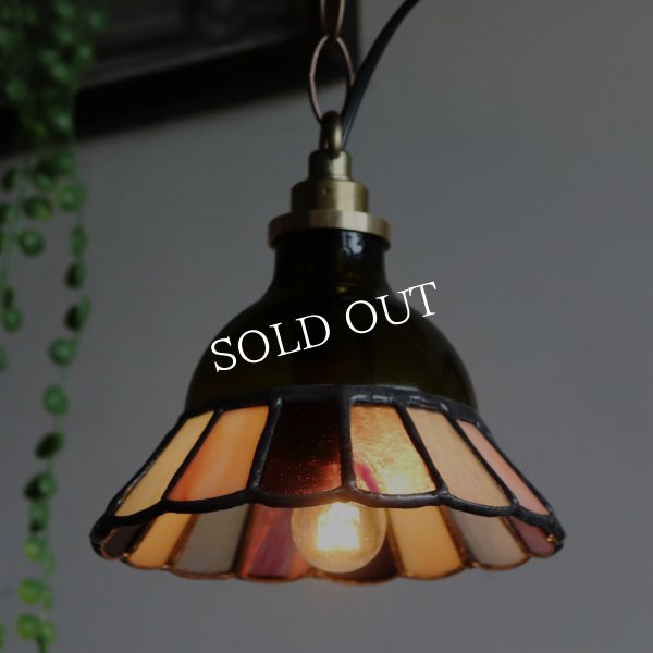 【グリーン×ピンク系】ステンドグラスミニペンダントライト花型｜吊下げ照明・天井照明