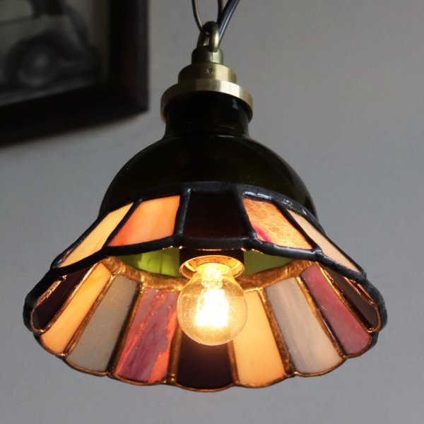 【グリーン×ピンク系】ステンドグラスミニペンダントライト花型｜吊下げ照明・天井照明
