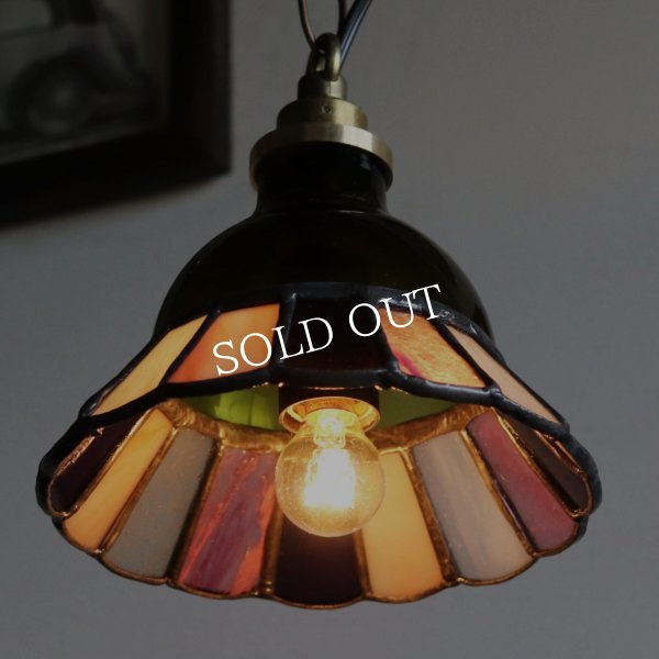 【グリーン×ピンク系】ステンドグラスミニペンダントライト花型｜吊下げ照明・天井照明