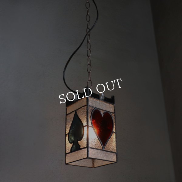 ヴィンテージガラス製ステンドグラスペンダントライト・トランプ柄｜天井吊下げ照明ハート・ダイヤ・スペード・クラブ