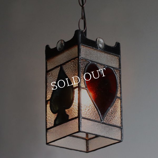 ヴィンテージガラス製ステンドグラスペンダントライト・トランプ柄｜天井吊下げ照明ハート・ダイヤ・スペード・クラブ