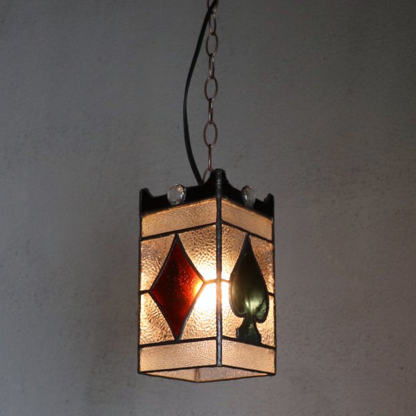 ヴィンテージガラス製ステンドグラスペンダントライト・トランプ柄｜天井吊下げ照明ハート・ダイヤ・スペード・クラブ