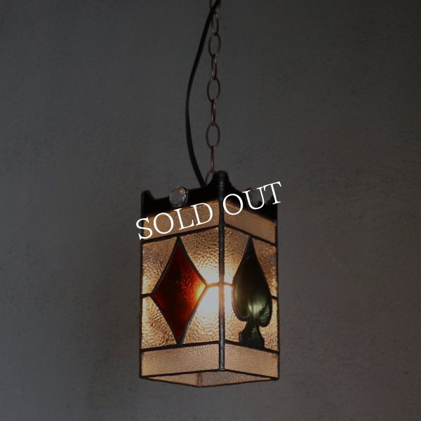 ヴィンテージガラス製ステンドグラスペンダントライト・トランプ柄｜天井吊下げ照明ハート・ダイヤ・スペード・クラブ