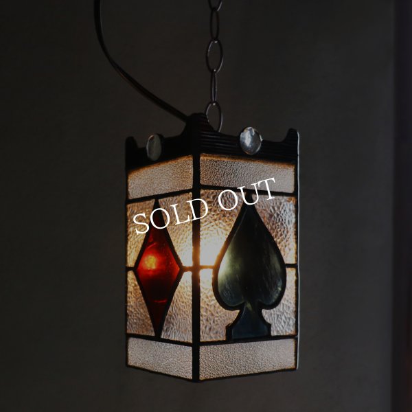 ヴィンテージガラス製ステンドグラスペンダントライト・トランプ柄｜天井吊下げ照明ハート・ダイヤ・スペード・クラブ