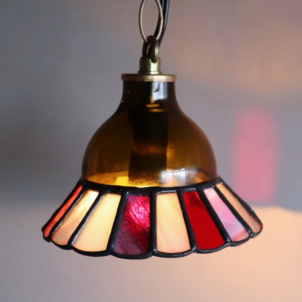 【レッド&ピンク】ステンドグラスミニペンダントライト花型｜吊下げ照明・天井照明