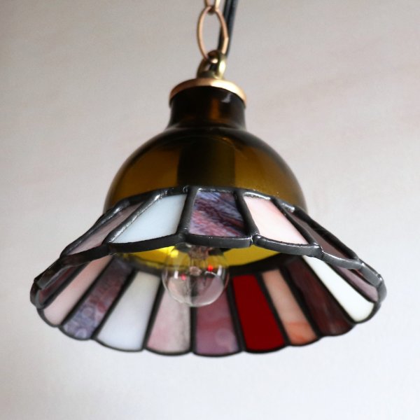 【レッド&ピンク】ステンドグラスミニペンダントライト花型｜吊下げ照明・天井照明