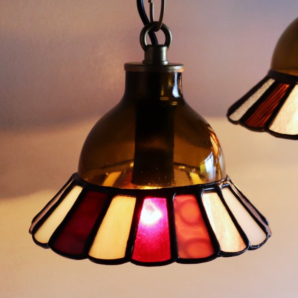 【レッド&ピンク】ステンドグラスミニペンダントライト花型｜吊下げ照明・天井照明