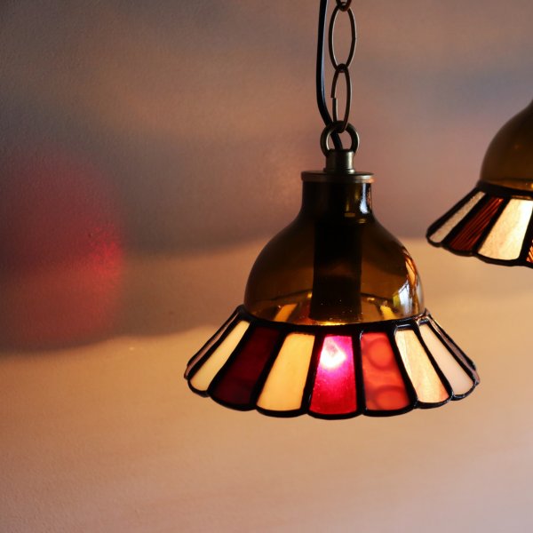 【レッド&ピンク】ステンドグラスミニペンダントライト花型｜吊下げ照明・天井照明