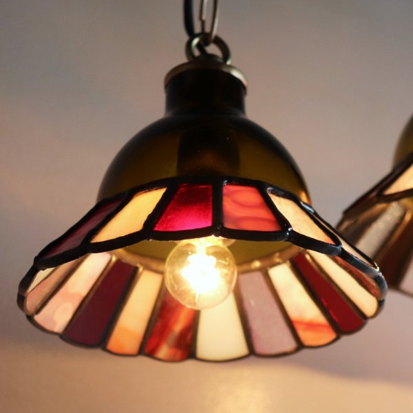 【レッド&ピンク】ステンドグラスミニペンダントライト花型｜吊下げ照明・天井照明
