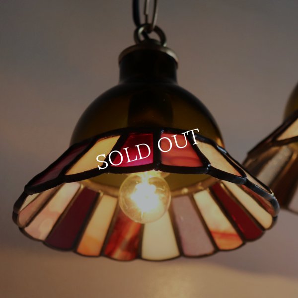 【レッド&ピンク】ステンドグラスミニペンダントライト花型｜吊下げ照明・天井照明