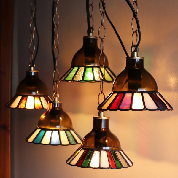 【レッド&ピンク】ステンドグラスミニペンダントライト花型｜吊下げ照明・天井照明