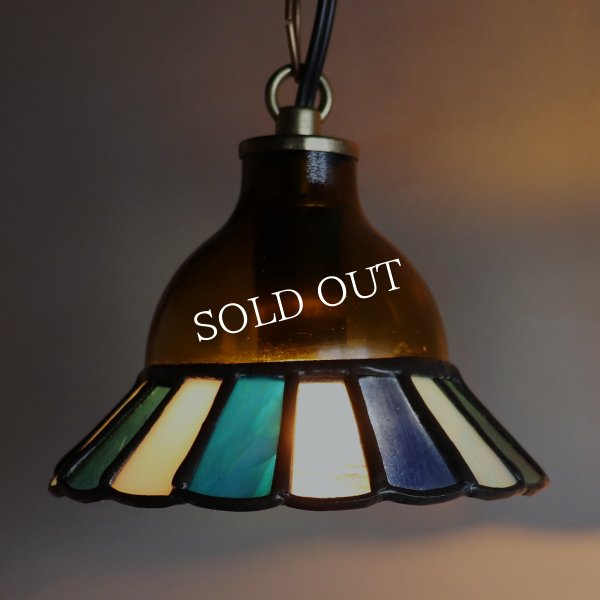 【ブルー】ステンドグラスミニペンダントライト花型｜吊下げ照明・天井照明