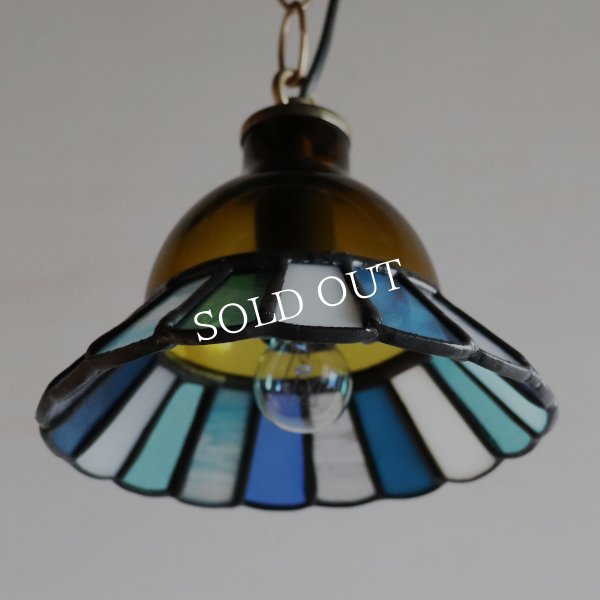 【ブルー】ステンドグラスミニペンダントライト花型｜吊下げ照明・天井照明