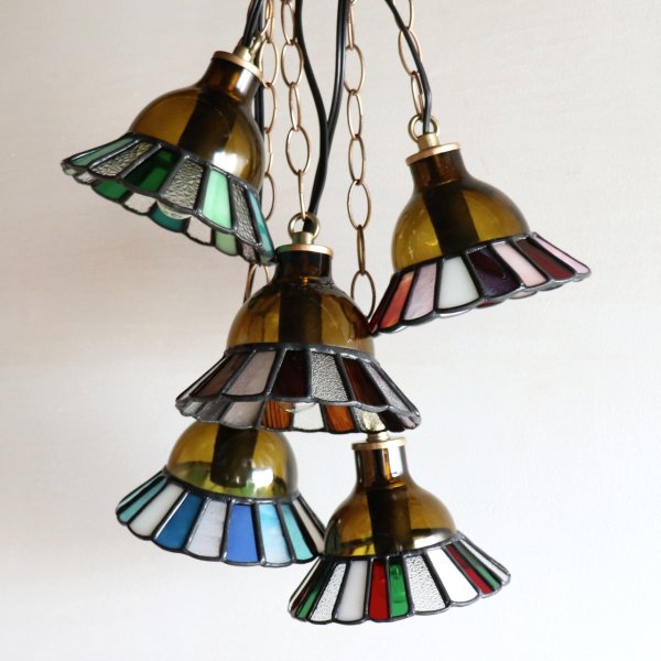 【ブルー】ステンドグラスミニペンダントライト花型｜吊下げ照明・天井照明